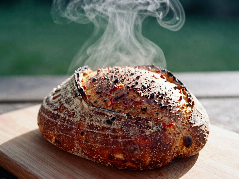 Tight macro shot of steam rising from a freshly baked sourdough loaf on a wooden cutting board, natural northern daylight, rich crimson and forest green tones, shallow depth of field, 35mm film