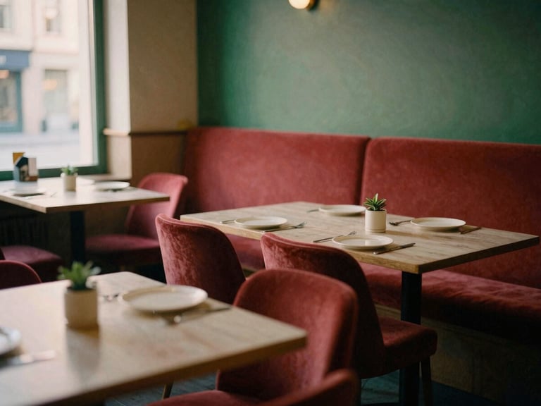 Cozy Scandinavian-style restaurant interior at golden hour, empty tables, warm natural light, rich crimson and forest green tones, shallow depth of field, 35mm film