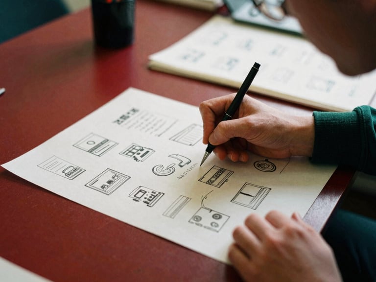 A hands-on agency team member sketching content ideas for a social media campaign on parchment paper, diffused northern daylight, rich crimson and forest green tones, shallow depth of field, 35mm film
