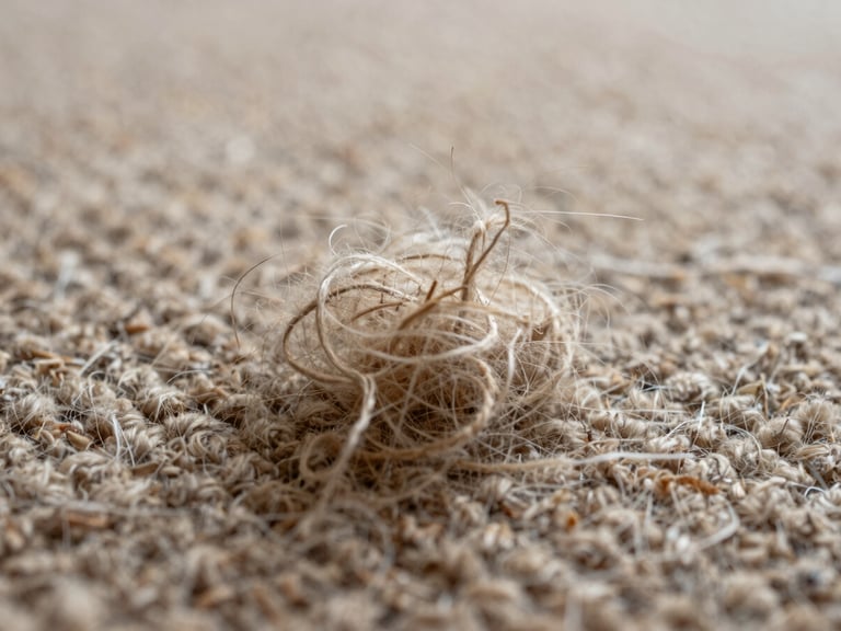 Close-up detail shot of carpet fibers after cleaning, natural daylight from above, individual wool strands clearly separated and erect, texture of the weave visible in sharp focus, neutral warm background, no people or products in frame