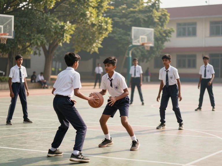 Indian school students in sports uniforms playing basketball on an outdoor court, bright morning daylight, action shot, green trees in the background, 35mm photography