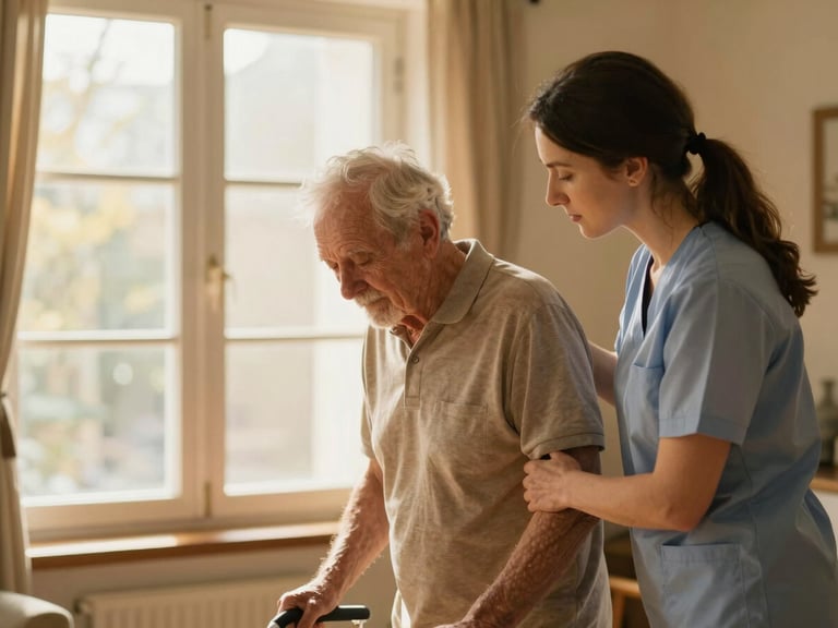 Caregiver gently assisting a senior with walking indoors, warm home interior, focus on supportive interaction, soft window light.