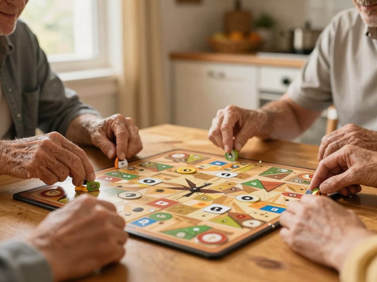 Caregiver and senior playing a board game at a kitchen table, focus on hands and interaction, warm and inviting home, soft light.