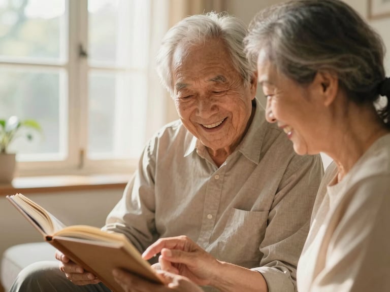 Caregiver and senior laughing over a photo album in a sunny living room, soft natural light, close-up, shallow depth of field.