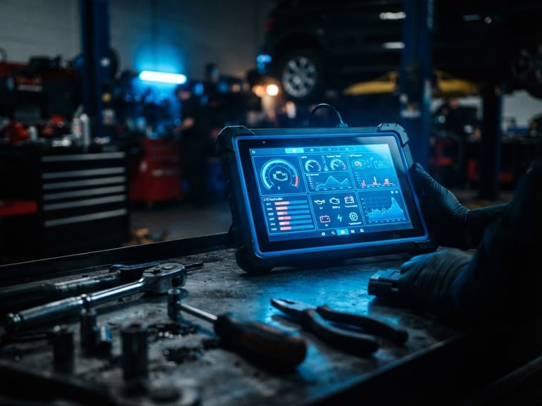 Modern diagnostic screen showing vehicle data in a clean workshop, moody lighting, electric blue glow, focused on the screen with tools blurred in foreground.