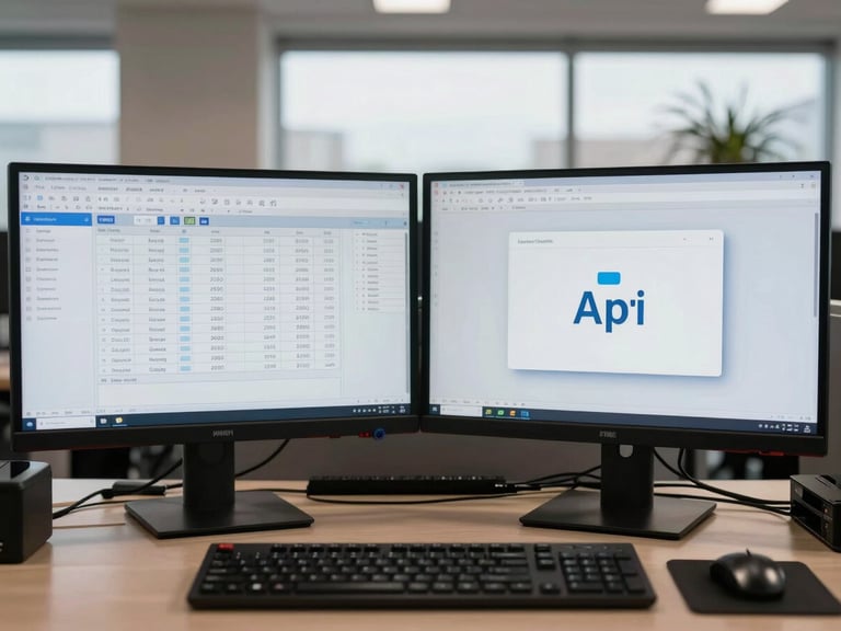 Straight-on, eye-level view of a dual-monitor setup in a mid-market logistics office, displaying a legacy ERP interface side-by-side with a clean API terminal, natural overcast lighting.