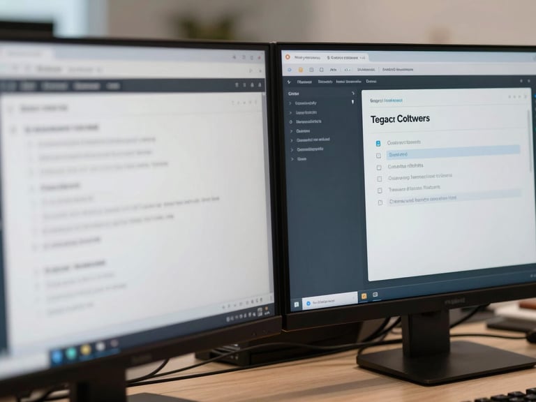 A close-up technical view of a legacy software interface side-by-side with a clean, modern API terminal on a dual-monitor setup in a quietly lit corporate office.