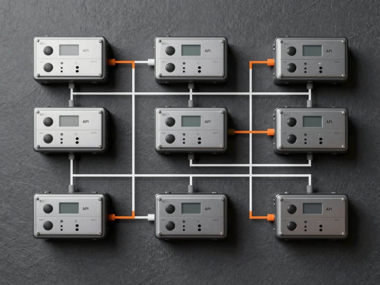 A straight-on technical system architecture diagram on a slate-gray background, showing clean white and orange logic flow lines connecting legacy databases to isolated API containers, cool neutral lighting.