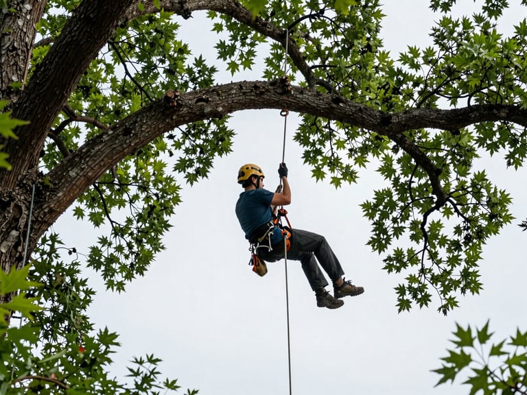 Low-angle action shot of a professional arborist in helmet and harness suspended high in a massive oak canopy, rigging rope attached to a heavy branch, bright daylight