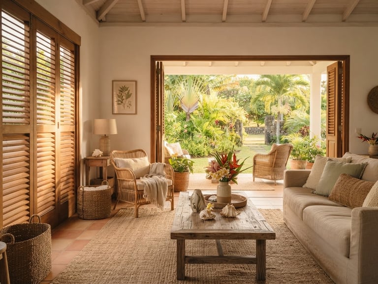 Bright and airy Mauritian villa living room opening to a lush garden, warm golden-hour tropical daylight filtering through wooden shutters, soft sand tones, elegant editorial photography.