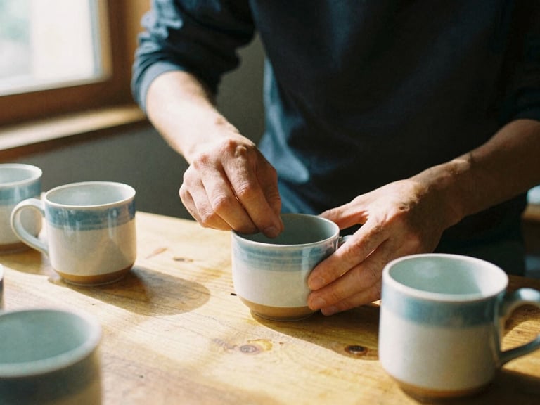 A medium close-up of an independent artisan carefully packaging handmade ceramic mugs at a wooden table, warm natural window light casting soft domestic shadows, 35mm film style