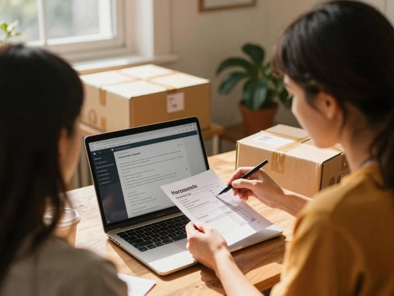 An over-the-shoulder shot of a small business coaching session in a sunlit home studio, with two women reviewing shipping labels and e-commerce tools on a laptop, warm domestic shadows, shallow depth of field