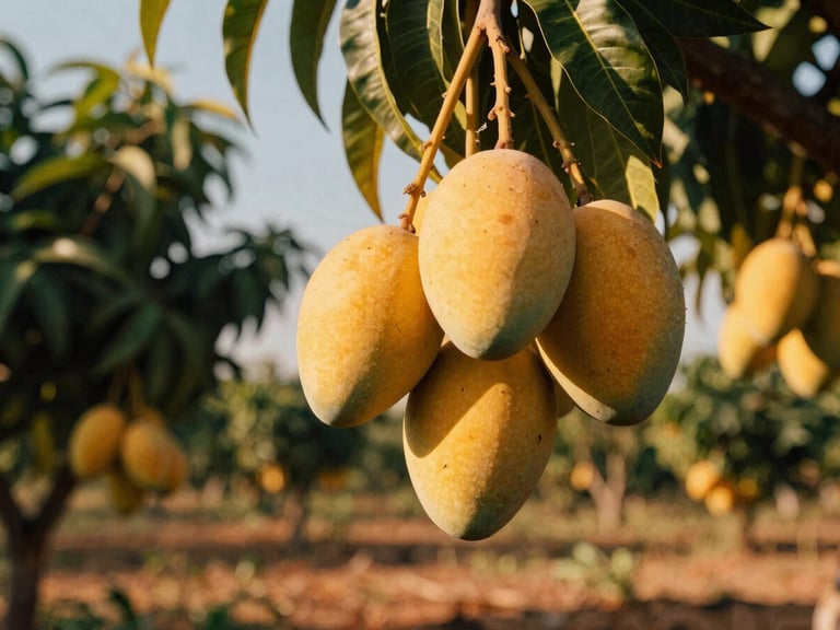 Close-up of golden ripe mangoes hanging from a branch in a rural Brazilian orchard, low-angle warm golden hour sunlight, 35mm film style