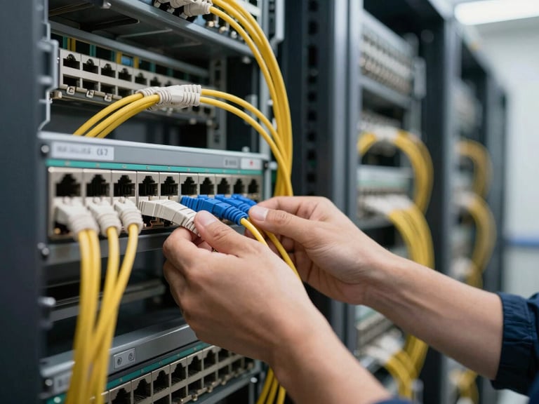 Wide shot of a corporate network closet, technician's hands terminating a fiber patch cable into a switch panel, north-facing functional lighting, rows of labeled patch cables in background, shallow depth of field on hands