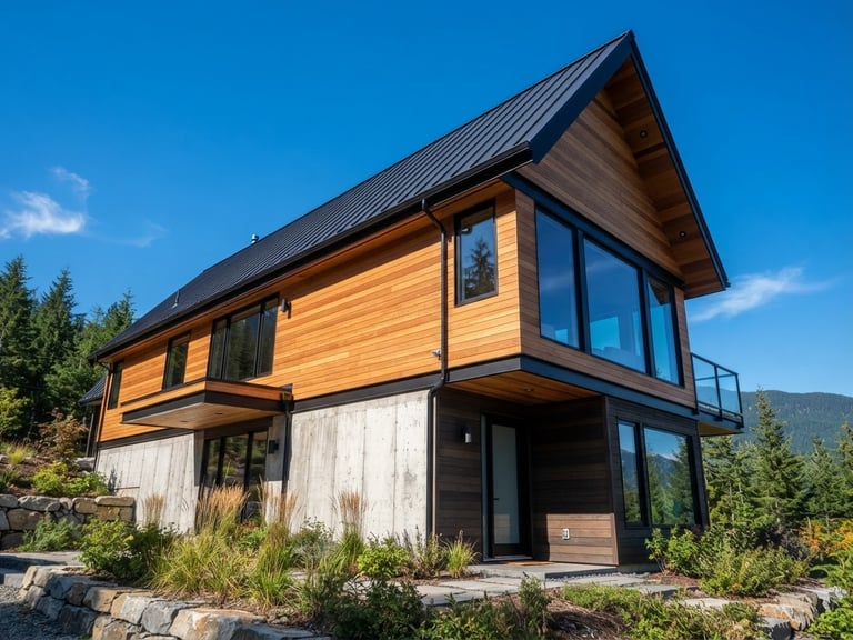 Low-angle architectural shot of a modern Canadian home with crisp charcoal roof shingles against a bright, clear blue sky, warm natural cedar wood siding accents, sharp focus, 35mm lens.