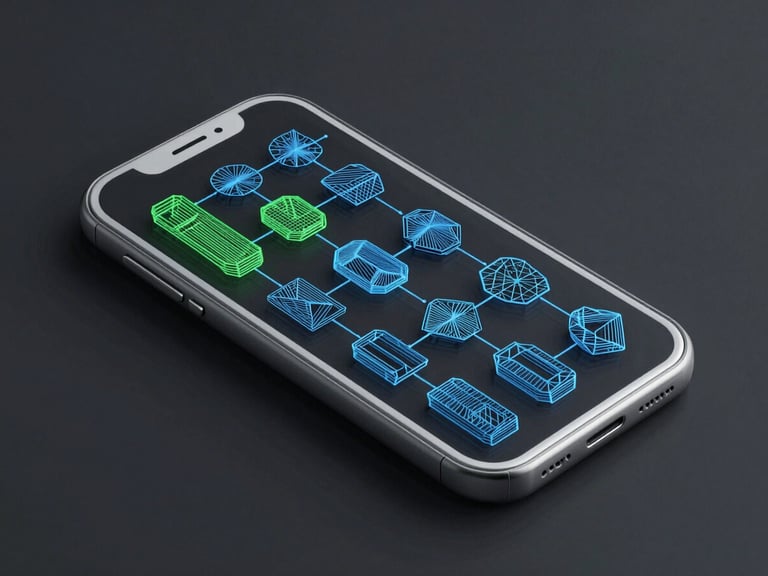 Abstract vector wireframe of a mobile UI flow, clean geometric lines in cyber blue and electric mint on a deep charcoal canvas, high legibility.