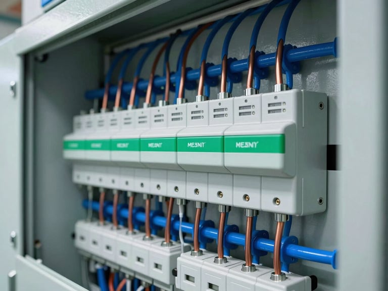 Close-up of a clean industrial electrical panel, organized blue and copper wiring, sharp technical detail, cold lighting