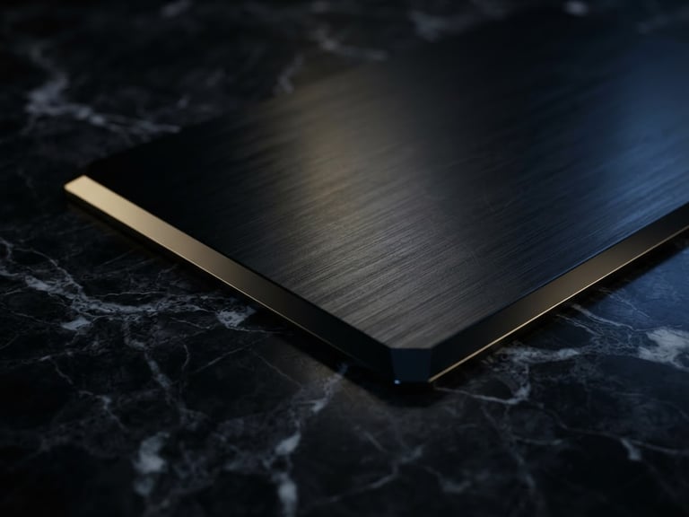 Macro close-up of a premium physical black metal card resting on dark Swiss marble, dramatic chiaroscuro lighting, subtle gold and blue ambient reflections.
