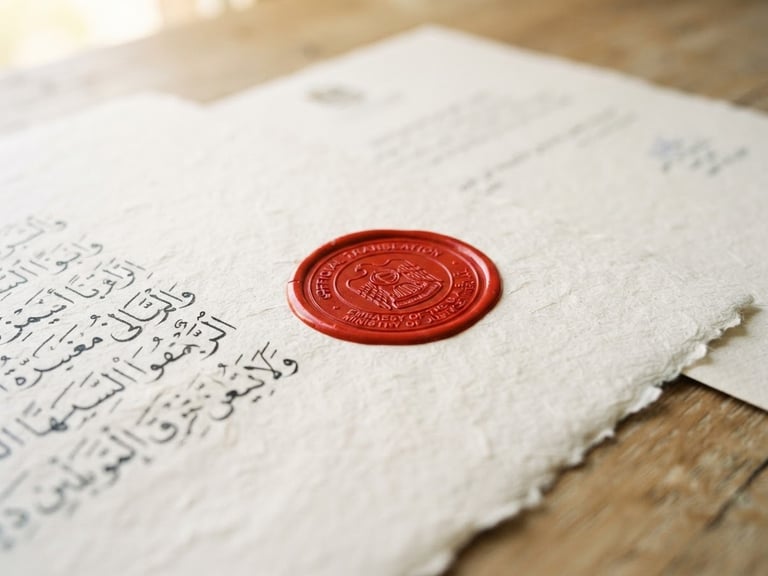 Elegant close-up of an official translation document with a red ink seal, delicate Arabic calligraphy script visible on the left, warm natural light reflecting off heavy textured white paper, shallow depth of field.