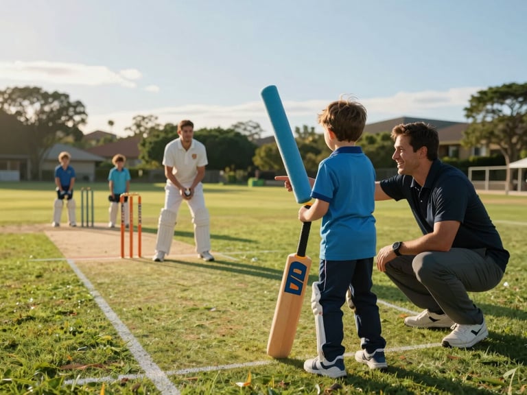 Wide environmental shot from behind a young boy aged five gripping a colourful foam cricket bat on a green grass ground, a smiling coach crouching beside him pointing at the stumps, warm morning golden light, suburban trees and blue sky in background, other children visible in the distance