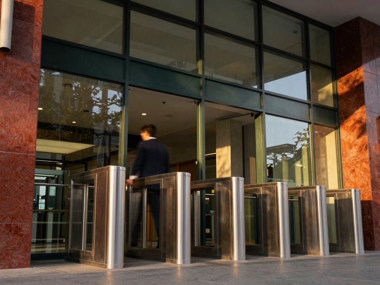 Low-angle architectural shot of a full-height steel turnstile integrated into a modern corporate lobby, warm golden-hour daylight streaming through glass, soft motion blur of a person passing through.