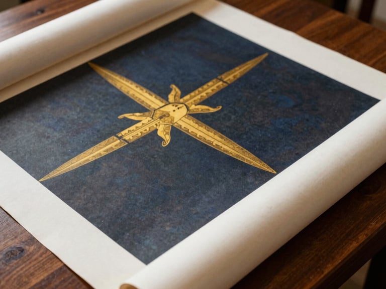 Close-up of a large, custom-sized print being carefully unrolled on a dark wood table, showing paper texture and deep ink, warm side-lighting