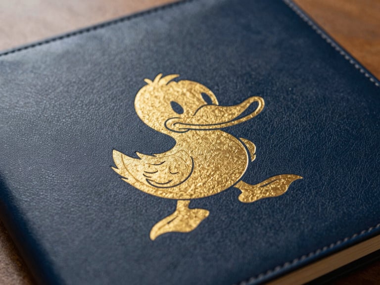 Detail shot of a personalized album cover with the Ducksmith mascot embossed in gold, resting on a leather notebook, catching warm light
