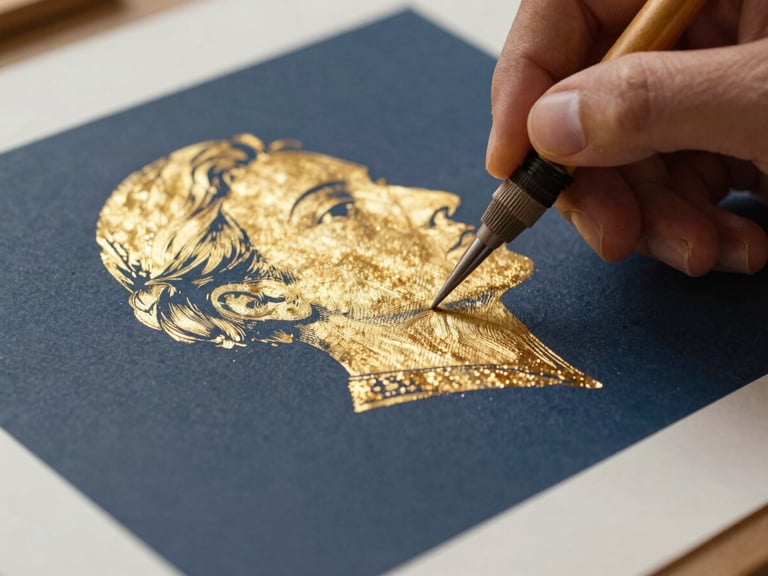 Macro shot of an artisan applying gold leaf to a print with specialized tools, showing the delicate shimmer and paper texture, soft vintage side-lighting