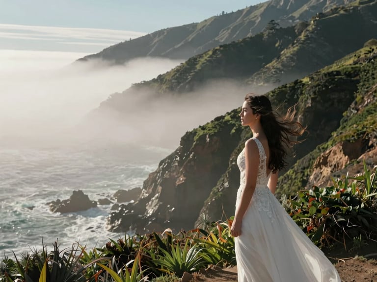 Cinematic wide shot of coastal fog rolling over a cliffside in Big Sur, a bride with wind-blown hair looking out, high contrast natural light, deep greens