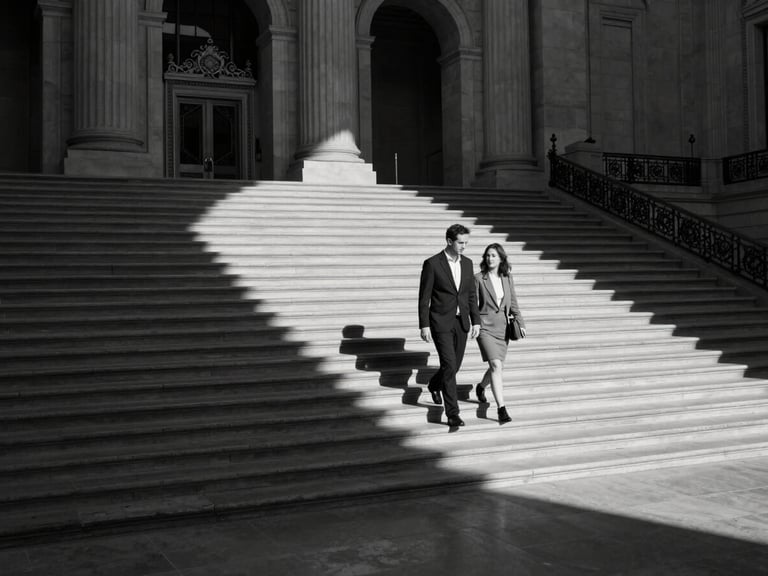 Cinematic wide-angle shot of a couple walking down the grand limestone staircase of SF City Hall, dramatic directional light casting long graphic shadows, monochrome high-contrast.