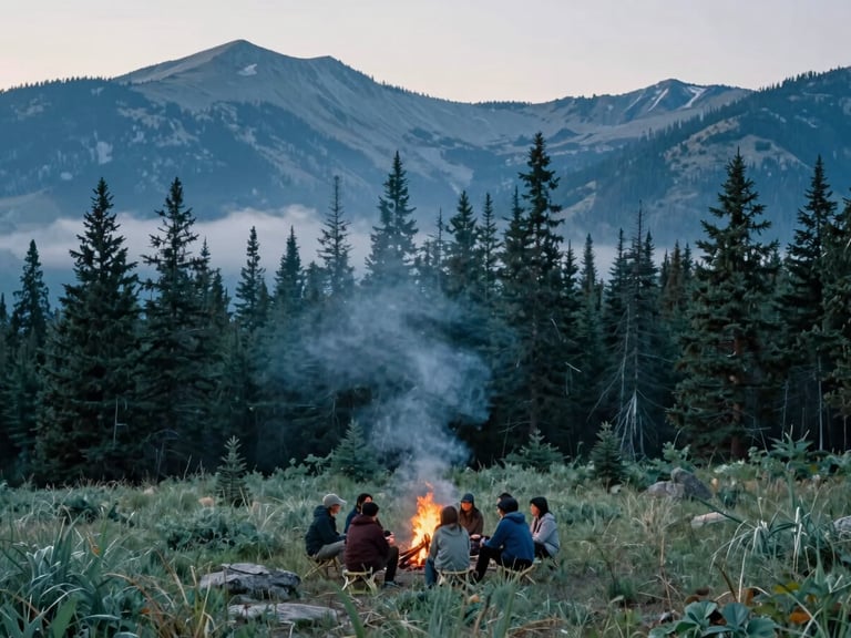 Cool editorial photography of a small group of people sitting around a morning campfire in the Colorado mountains, soft mist rising from the pine trees, deep blue and sage green tones, 35mm.