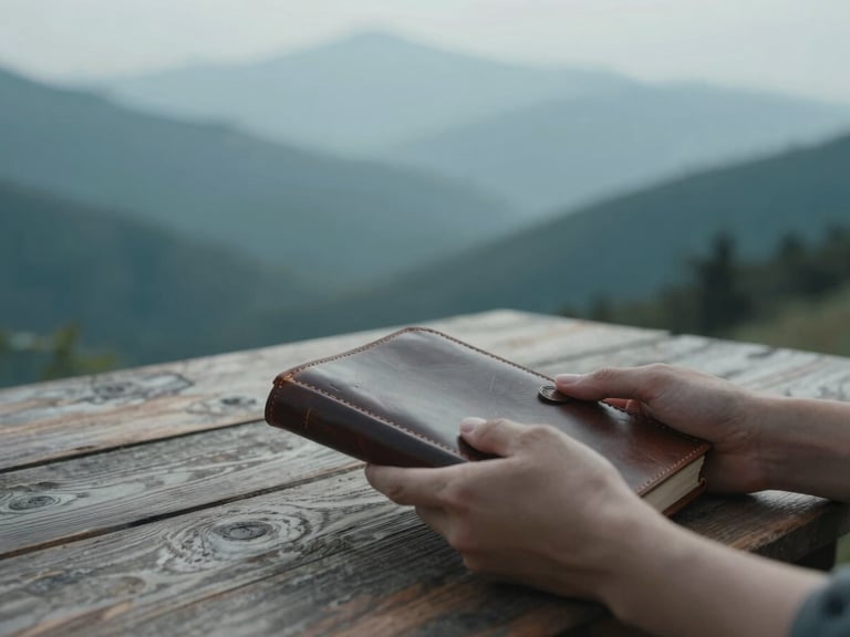 Cool-toned editorial photograph of hands holding a worn leather journal on a rustic wooden table, soft morning light, quiet sanctuary mood
