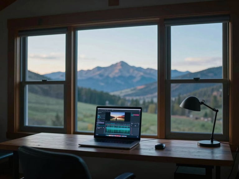 A wide cinematic shot of a modern cabin workspace in Colorado, soft morning light streaming through windows, a laptop screen showing editing software, 35mm.