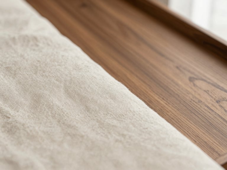 Macro shot of a textured linen fabric cover meeting a matte walnut wood-grain tray surface, warm morning light, shallow depth of field, 35mm.