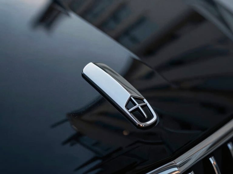Macro shot of a polished silver emblem on a clean black luxury sedan, sharp reflections of modern architecture, dusk lighting, 35mm