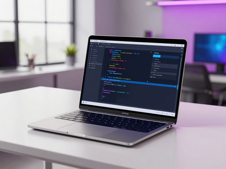 Sleek modern laptop with code editor open, subtle blue neon highlights, in a focused developer workspace in Lagos, eye-level medium shot