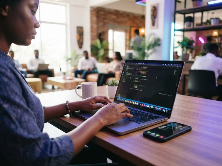 Modern laptop and smartphone on a desk in a bright, contemporary African co-working space, subtle blue and magenta neon highlights, hands typing on laptop, eye-level medium shot.