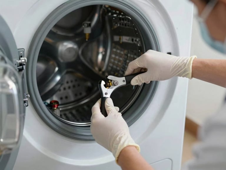 Primer plano de manos de un especialista técnico con guantes de protección calibrando con precisión técnica los componentes internos de una lavadora de gama alta, luz de día clara y herramientas de diagnóstico visibles.