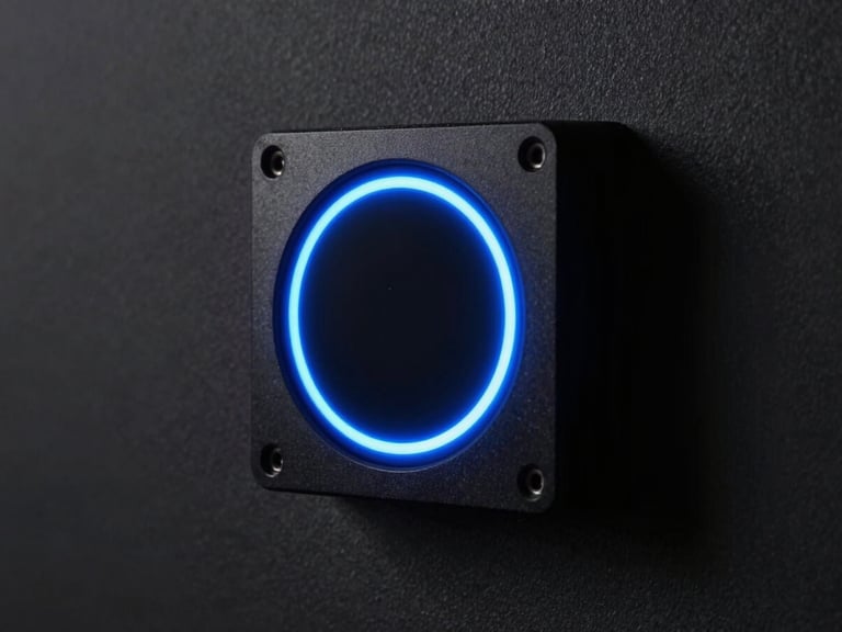 Extreme close-up of a flush-mounted smart lighting controller installed on a dark matte wall, neon-blue capacitive touch ring illuminated precisely, surrounding architectural darkness, studio strobe side-lighting revealing the device's precise machined edges, no human subject, high-contrast dramatic framing