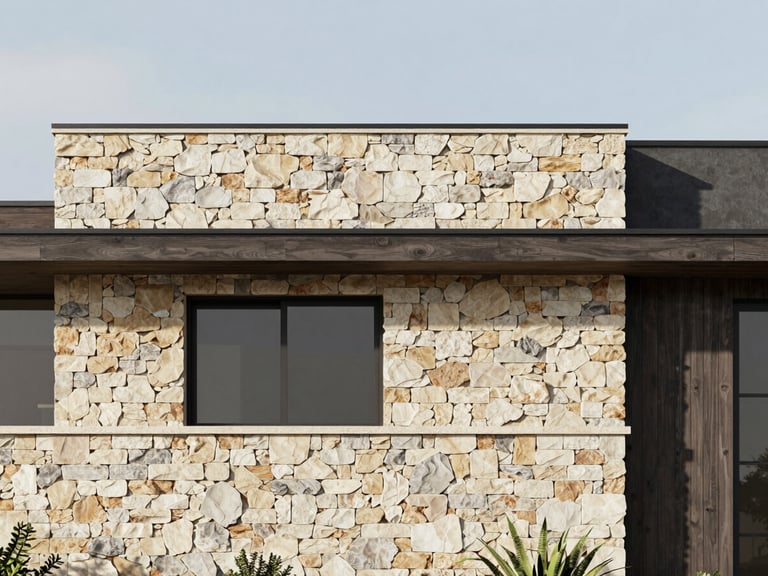 Detailed architectural rendering of a modern residential facade, raw materials like stone and timber visible, under bright Texas sunlight.