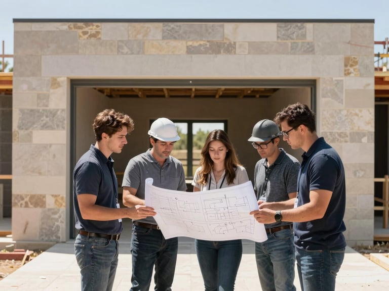 Team members on-site at a construction project, reviewing blueprints with a local builder. Bright Texas sunlight, focused on collaboration.