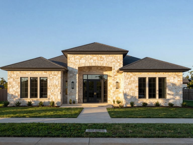 Wide-angle architectural photography of a modern custom home blending into a North Texas landscape, with native stone and clean lines. Golden hour shadows.