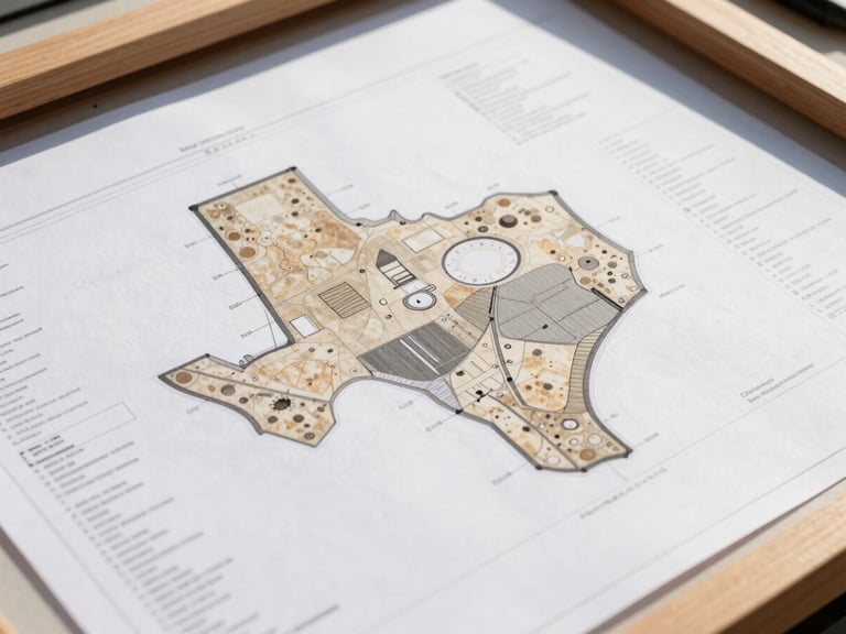 Close-up of architectural drawings with zoning maps and local building codes overlaid, on a drafting table. Bright natural Texas daylight.