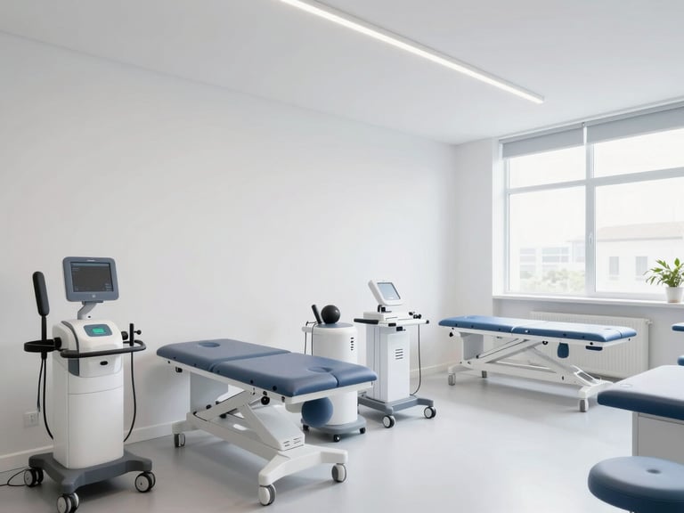 Bright, modern physiotherapy clinic interior. Clean white walls, clinical slate blue accents, professional diagnostic equipment, and a dedicated rehabilitation area with natural light.