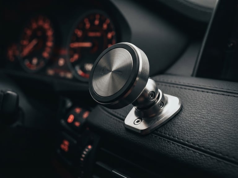 Macro extreme close-up of a brushed alloy magnetic car mount installed on a modern dark vehicle dashboard, dramatic ambient instrument lighting, shallow depth of field, high-precision texture