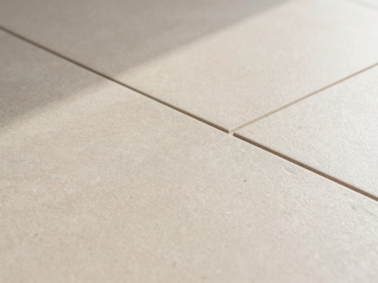 Extreme close-up of seamless joints in a cold-pressed porcelain tile floor, natural side-light casting soft shadows, warm neutral tones