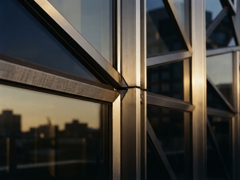 Extreme close-up of a premium brushed steel and glass architectural structure, sharp editorial focus, soft golden hour light reflecting off geometric angles, 35mm