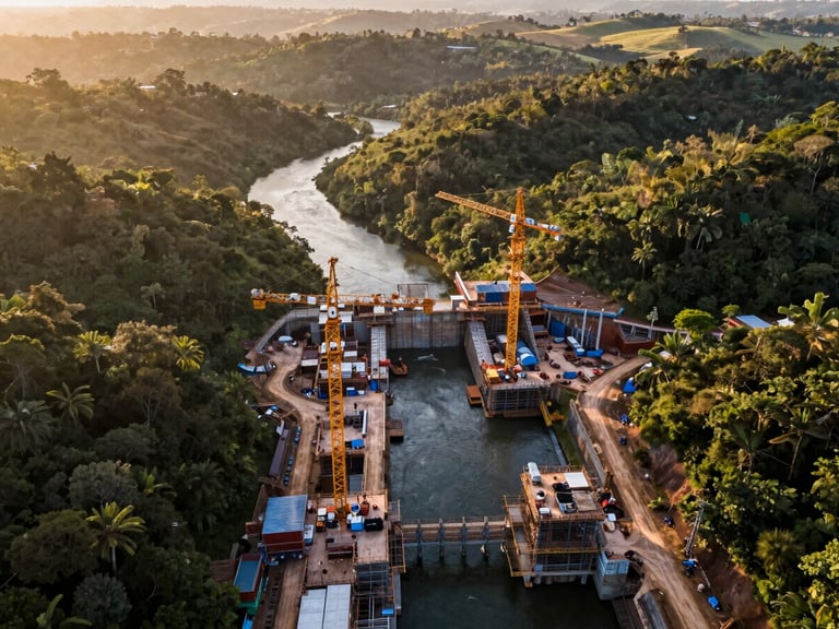 Aerial view of a hydroelectric construction site in dense Brazilian terrain, heavy cranes and formwork visible along a river bend, equipment operators working at scale, golden-hour daylight raking across the valley