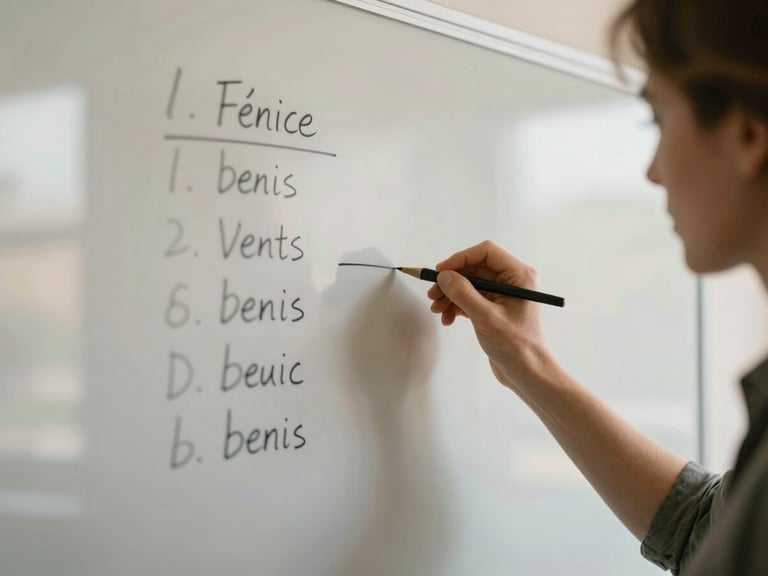 A professional teacher writing French verbs on a clean digital whiteboard, soft natural indoor lighting, shallow depth of field, warm tones.