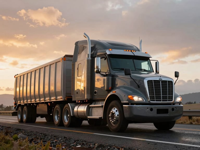 Low-angle heroic shot of a clean, dark-grey heavy-haul truck parked on a wet highway during early morning golden hour, dramatic Oregon sky in the background, sharp focus, 35mm